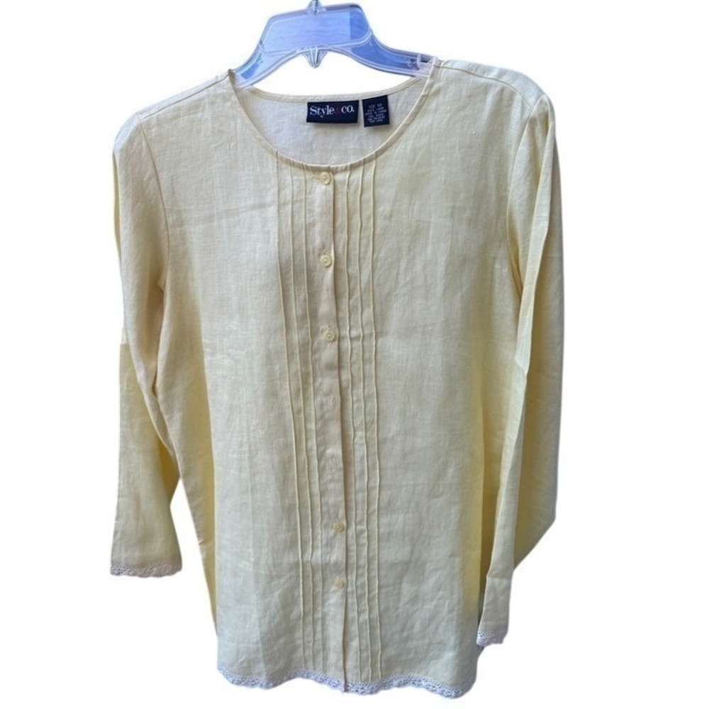 STYLE AND CO. Beautiful Canary Yellow Blouse, 100% Linen. Cut work on he…